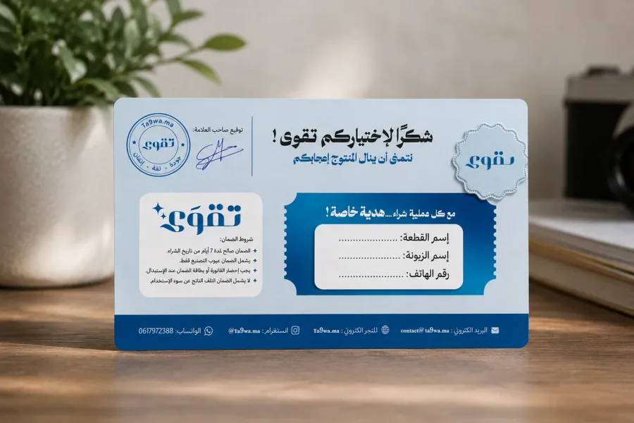 بطاقة الضمان المرفقة مع كل طلب من تقوى، وتتضمن اسم القطعة واسم الزبونة ورقم الهاتف وشروط الضمان
